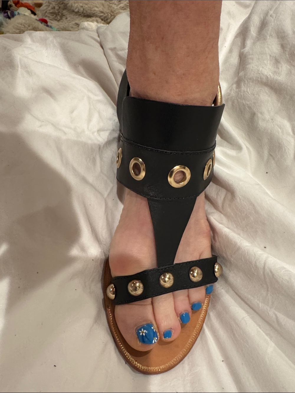 Trina Turk Women's Black Ankle-Strap Stud Sandals with Gold Accents Size 8